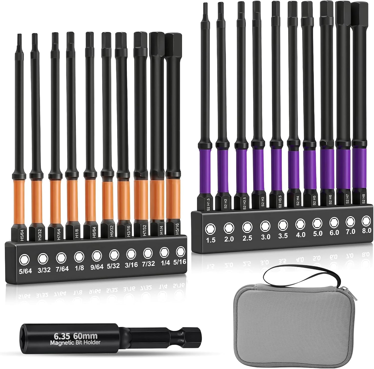 Allen Wrench Drill Bit Set with Extension Socket - 20pcs 4" Long Hex Bits (Metric & SAE) with 1/4" Hex Shank, S2 Steelm, Heavy-Duty Magnetic CNC Machined Tips for Impact Drivers