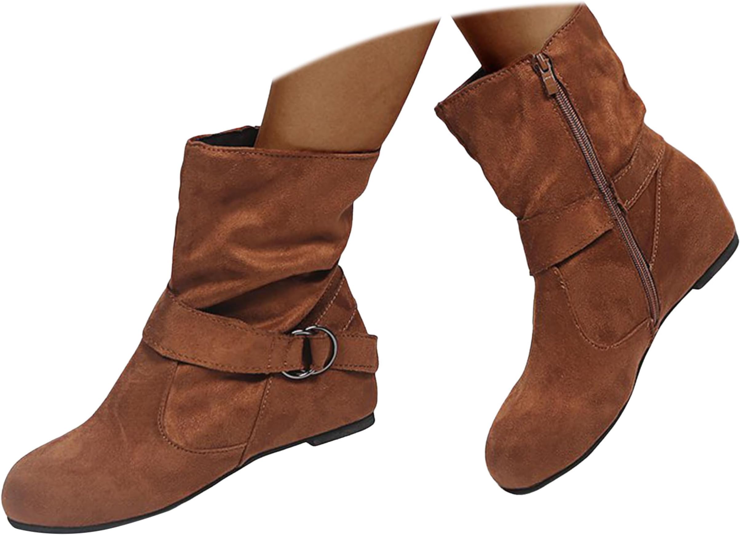 Womens Cowboy Boots Mid Calf Low Heel Slouchy Ruched Suede Western Boots Round Toe Chunky Heel Ankle Cowgirl Booties Vintage Fall Boot with Zipper