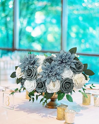 Vista 194 de White Rose Artificial Flowers Fake Flower Bulk with Stems for DIY Wedding Bouquet Bridal Baby Shower Centerpiece Table Decorations Silk Faux Floral
