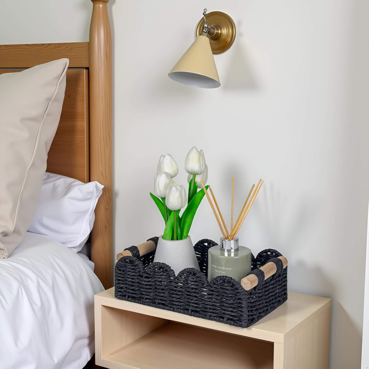 CubesLand Bathroom Basket Organizer, Toilet Tank Paper Storage Baskets 2-Pack, Scalloped Decorative Basket for Countertop w/Handle, Wicker Basket for Bathroom Decor, Home Decor, Living Room, Black