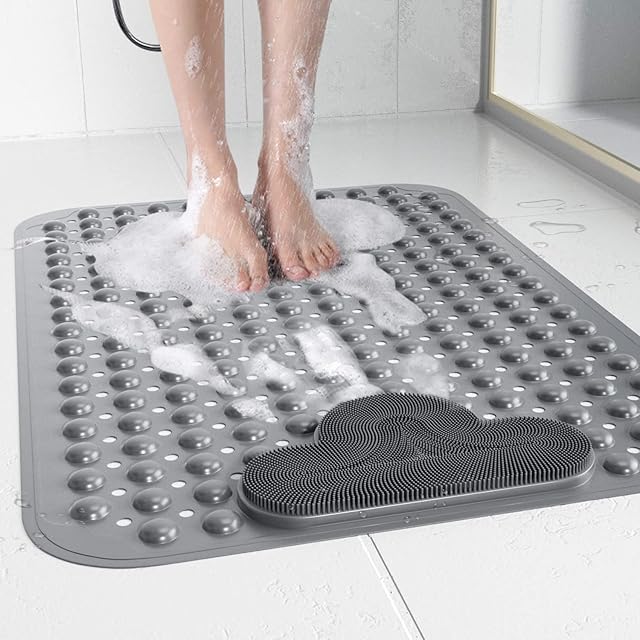 PureJoy Shower Mats for Inside Shower,TPE Material Bathtub Mats,with 166 Strong Suction Cups, Foot Massage Area, Washable, Soft Touch for Shower Stall Floors, Bathtub and Bathroom, 40x70 cm (Grey)