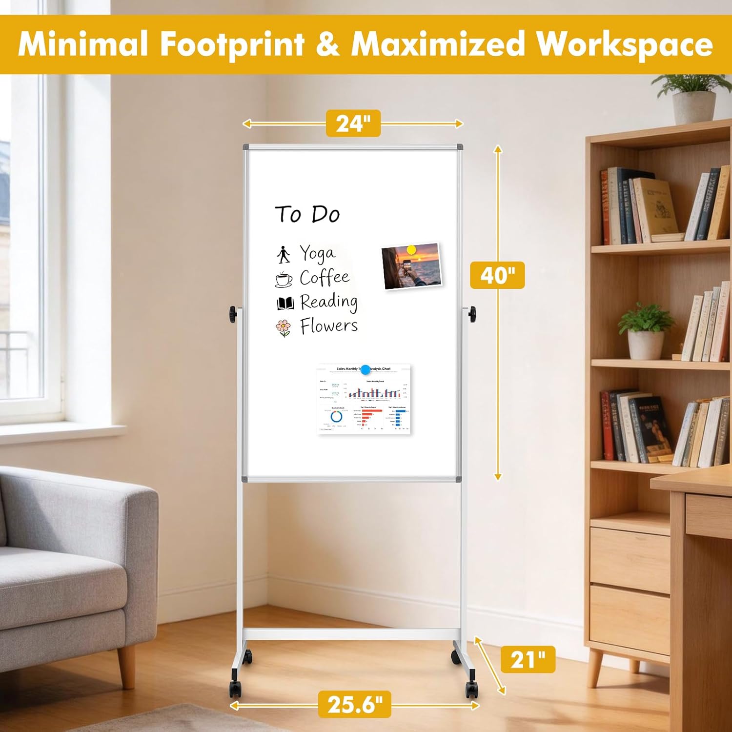 Rolling Whiteboard on Wheels, 24"x40" Double-Sided Dry Erase Board with Stand, Magnetic Rolling White Board, Reversible Standing Mobile Whiteboard, School Supplies, Classroom, Office, Home