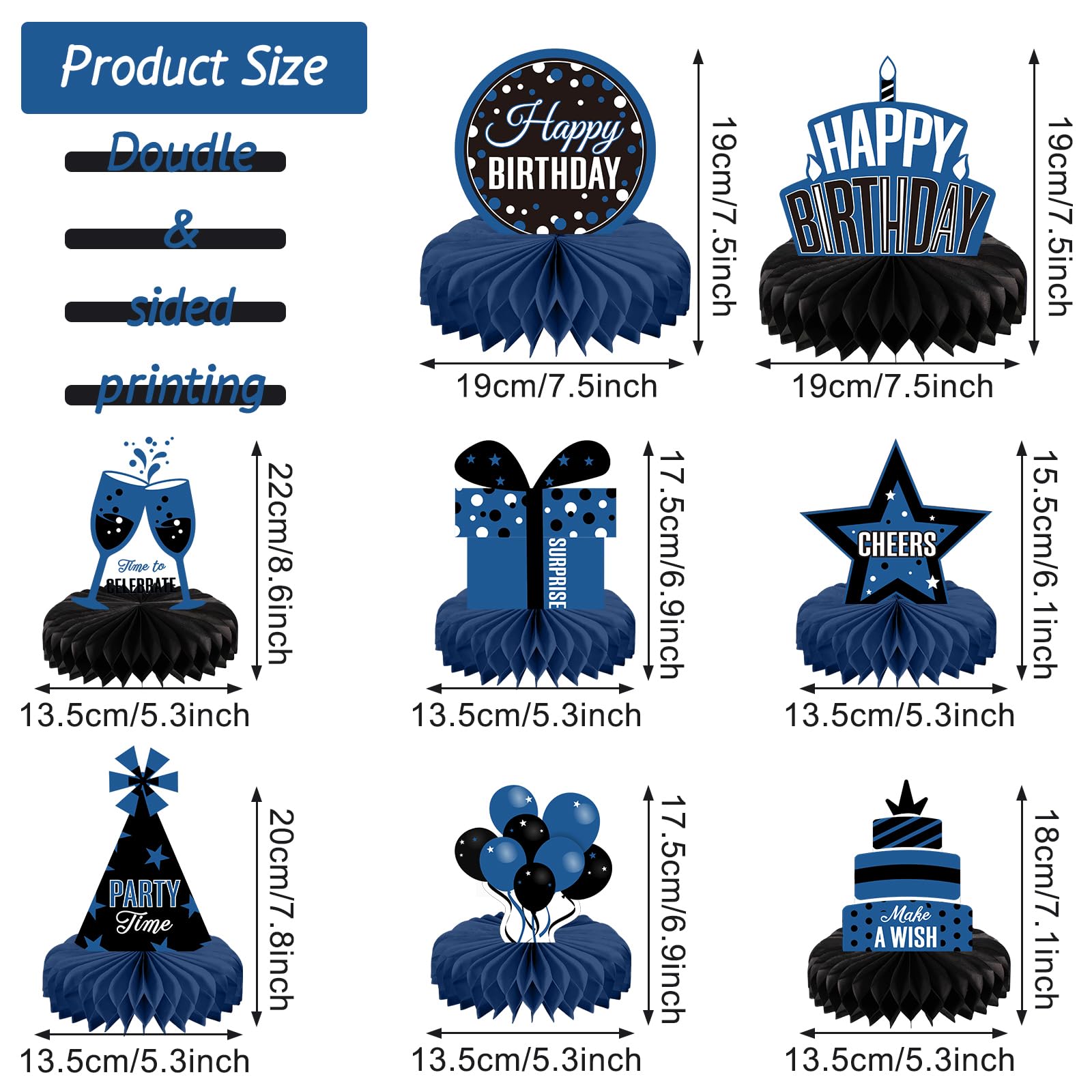 Pajean 8 Pieces Blue and Black Birthday Party Honeycomb Centerpieces Blue Black Table Centerpieces Decorations Table Centerpiece Sign for Kids Adults Party Supplies