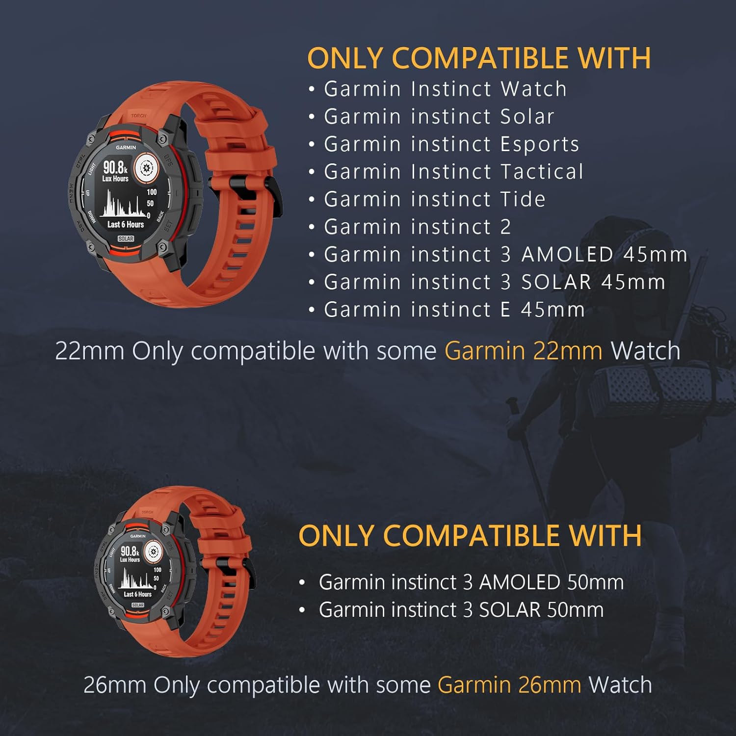 Silicone Bands Compatible with Garmin Instinct 3 Solar/Amoled 45mm 50mm Band, 22mm 26mm Rugged Silicone Sport Band for Garmin Instinct 2/Solar/Esports/Tide/Tactical/E 45mm Women Men - Image 4