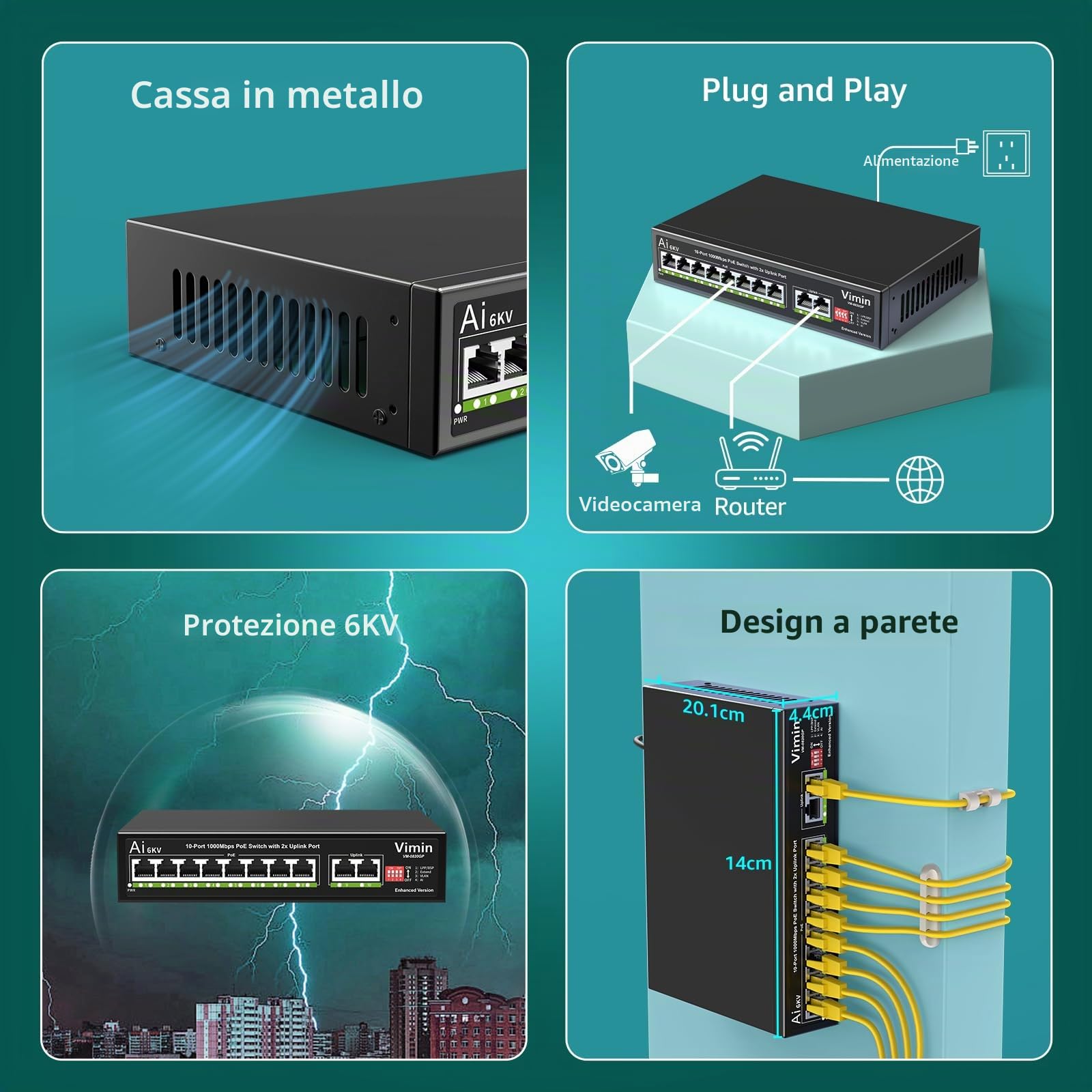 VIMIN Switch Gigabit Poe a 10 Porte con 8 Porte Poe, Switch di Rete Poe a 8 Porte Non Gestito 10/100/1000Mbps con 2 Porte Uplink, AI Watchdog, VLAN, Estensione 250m, Supporta IEEE802.3af/at