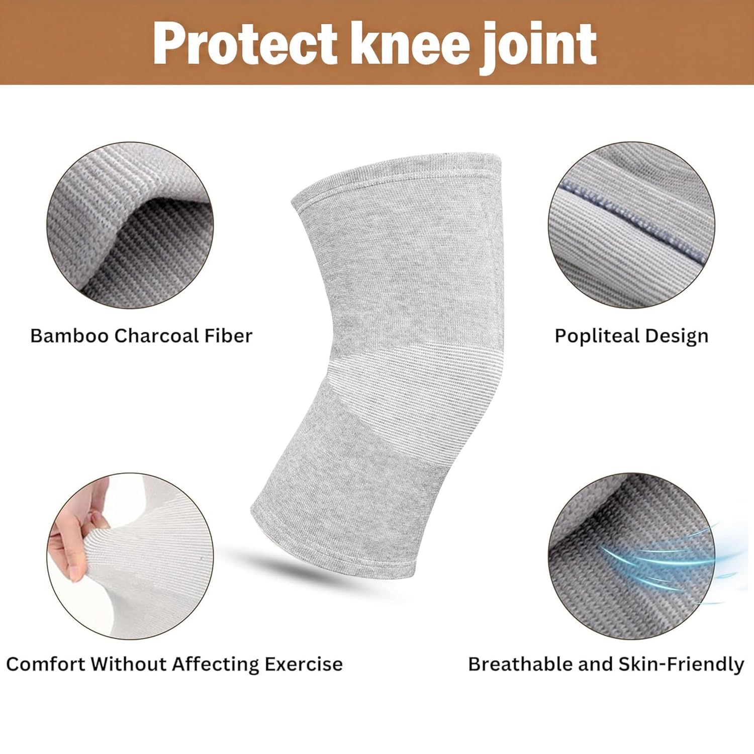 Premium Bamboo Knee Compression Sleeve, 2 Pair Slip-One Knee Support, Elastic Warm Knee Brace for Knee Pain, Joint Recovery, Sports, Daily Wear for Adults (Black+Gray, X-Large)