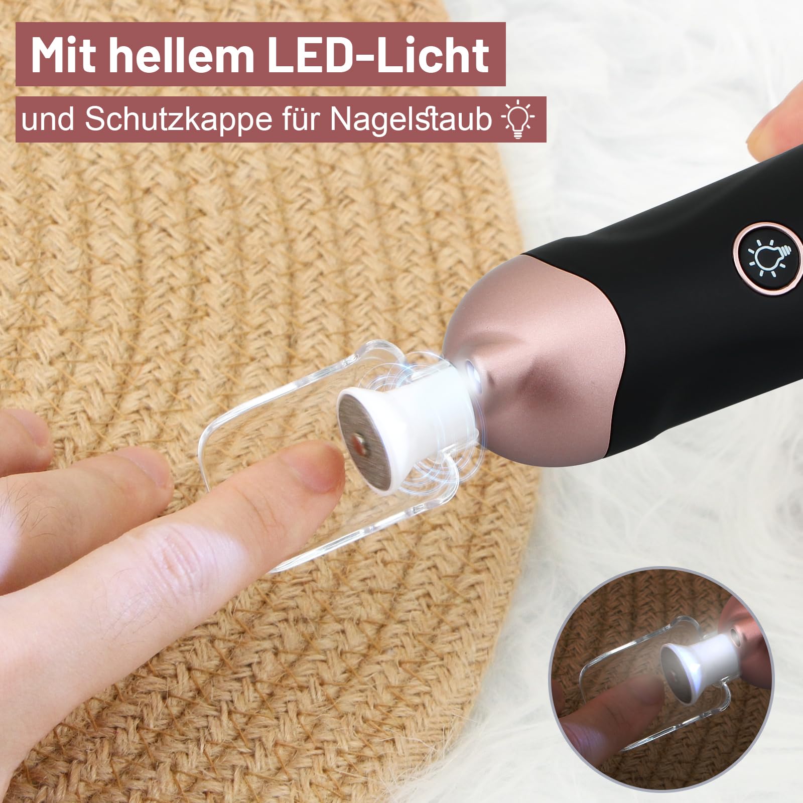 AOMEES - Juego de fresas de uñas eléctricas para manicura y pedicura, con 9 cabezales para el cuidado de las uñas, con 5 velocidades, luz LED, bolsa de almacenamiento