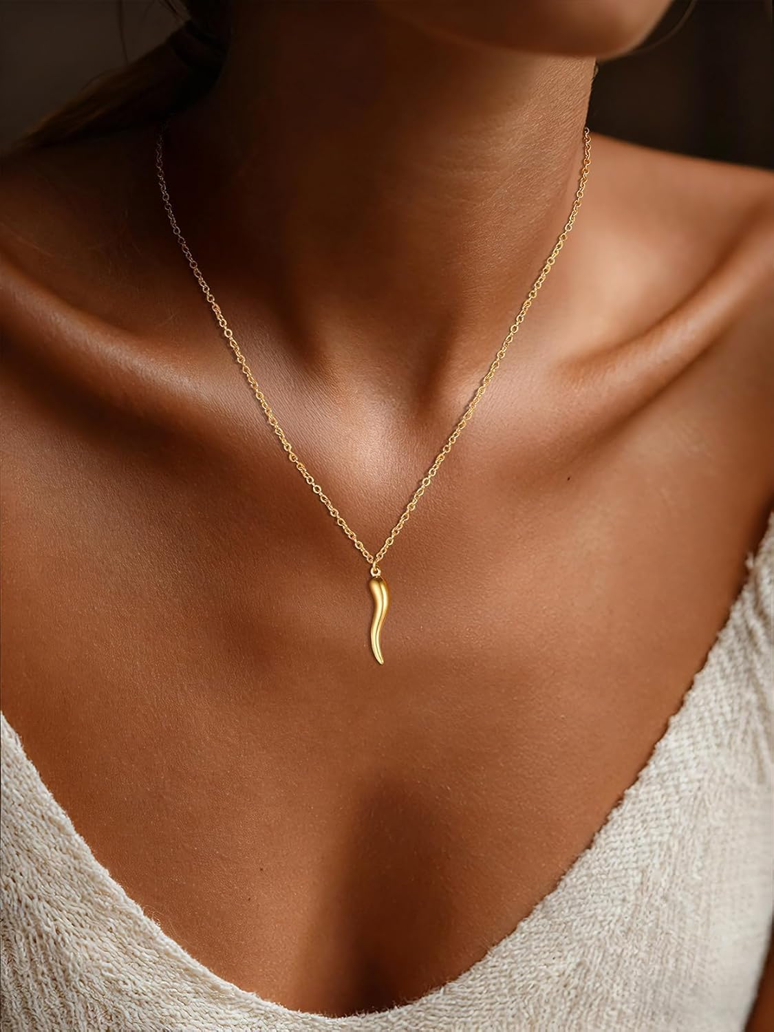 U7 Italian Horn Necklace for Men Women,Stainless Steel/Black/Gold Horn Necklace,Lucky Amulet Cornicello Pendant - Image 2