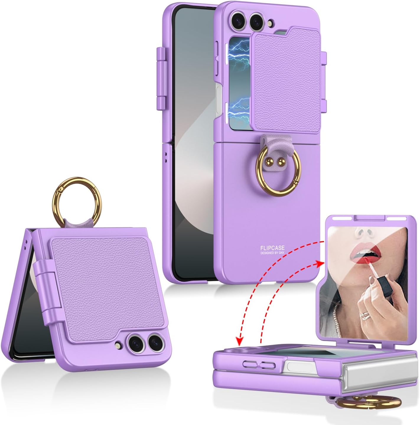 Beauty Mirror Slim Phone Case for Samsung Galaxy Z Flip 6, Magnetic Flap Protective Cover for Flip5, Anti-Drop Shell with Electroplating Ring (Purple,for Flip5)