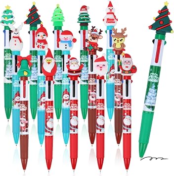 SAYAYA 30 Pieces Christmas Multicolor Pens All In One 4-in-1 Ballpoint Pen Christmas Retractable Pen Santa Snowman Reindeer Writing Pens for Xmas Students School Office Coworker Supplies Gifts