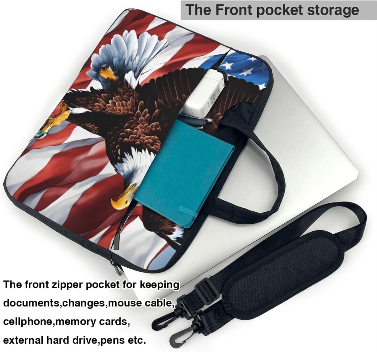 Eagle with USA Flag Print Laptop Shoulder Bag Messenger Bag Notebook with Accessories Pocket 13/14/15.6 inch, Black, 15.6 inch