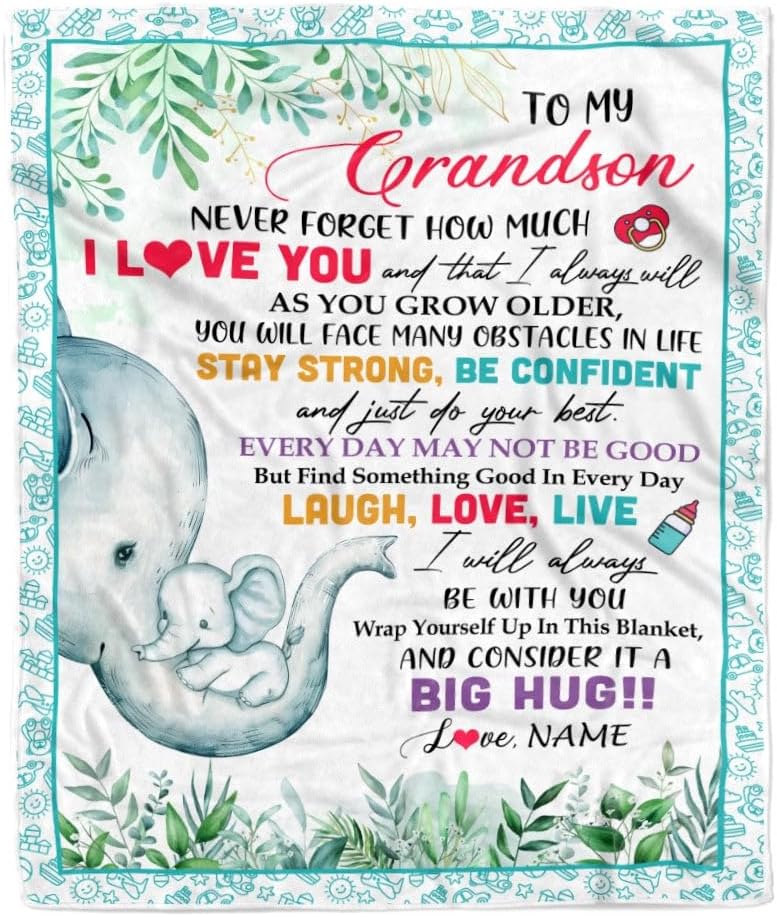 Personalized to My Grandson Blanket from Grandma Never Forget I Love You Elephant Baby Boy Grandson Birthday Graduation Christmas Customized Fleece Blanket (30 x 40 in Baby Size)