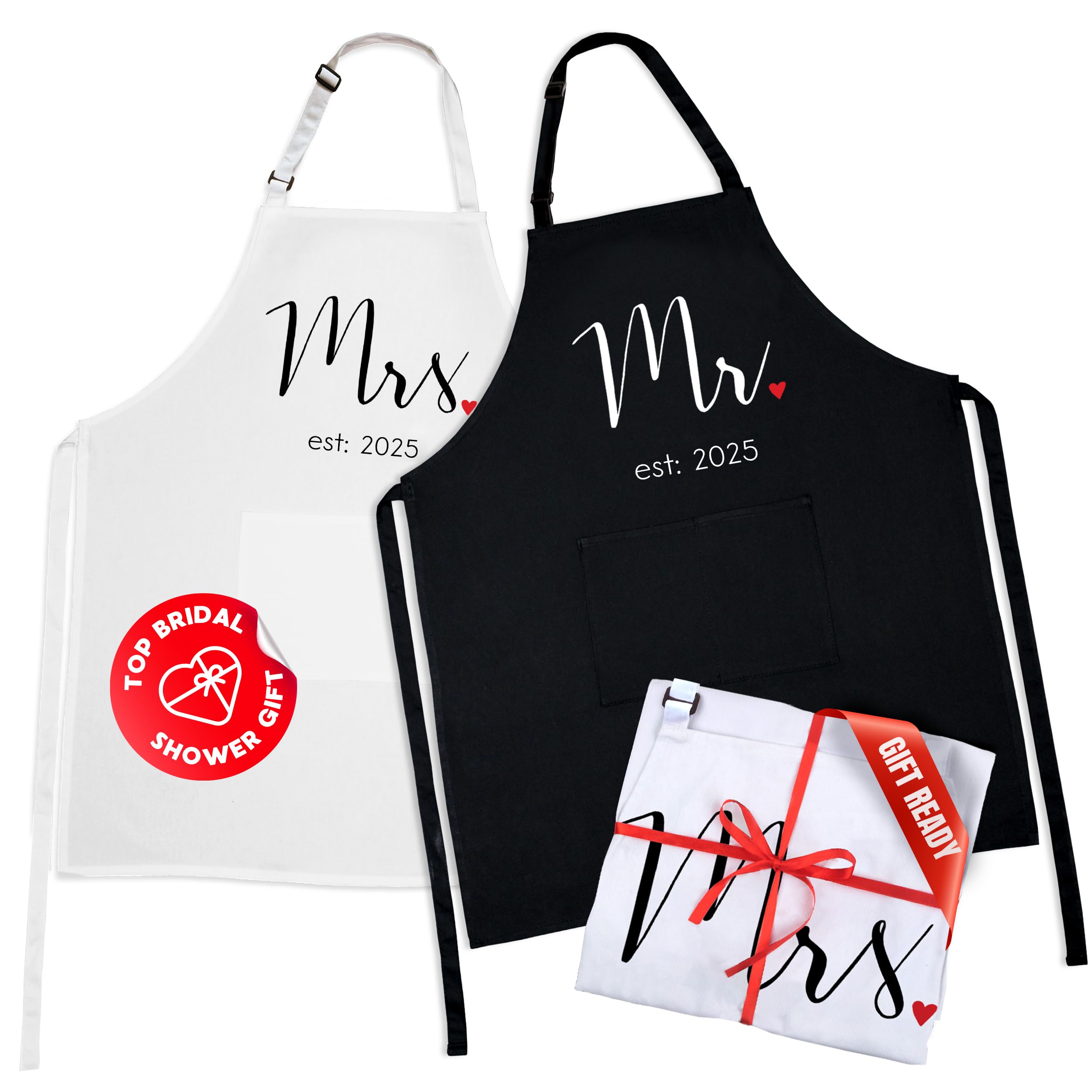 Prazoli His and Her Aprons - Mr Mrs Established 2025 Couples Engagement Gift, Cute Bridal Shower Gift Anniversary Wedding Registry Items & Decoration, Housewarming Gifts For New Home Newlywed Gift
