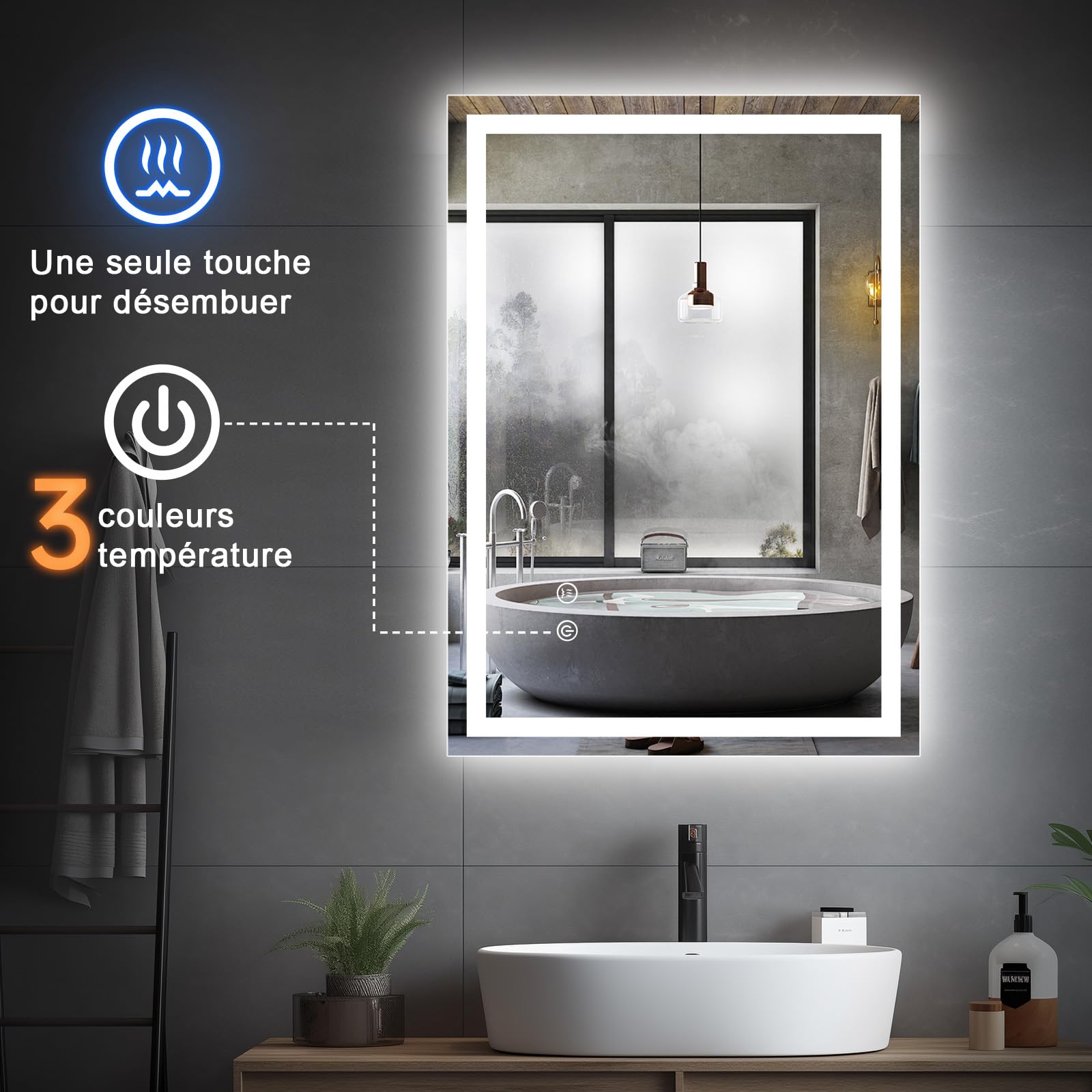KingSaid Espejo Baño con Luz LED 70x50CM Antivaho Regulable 3 Colores Brillo 3500K/4500K/6500K IP54