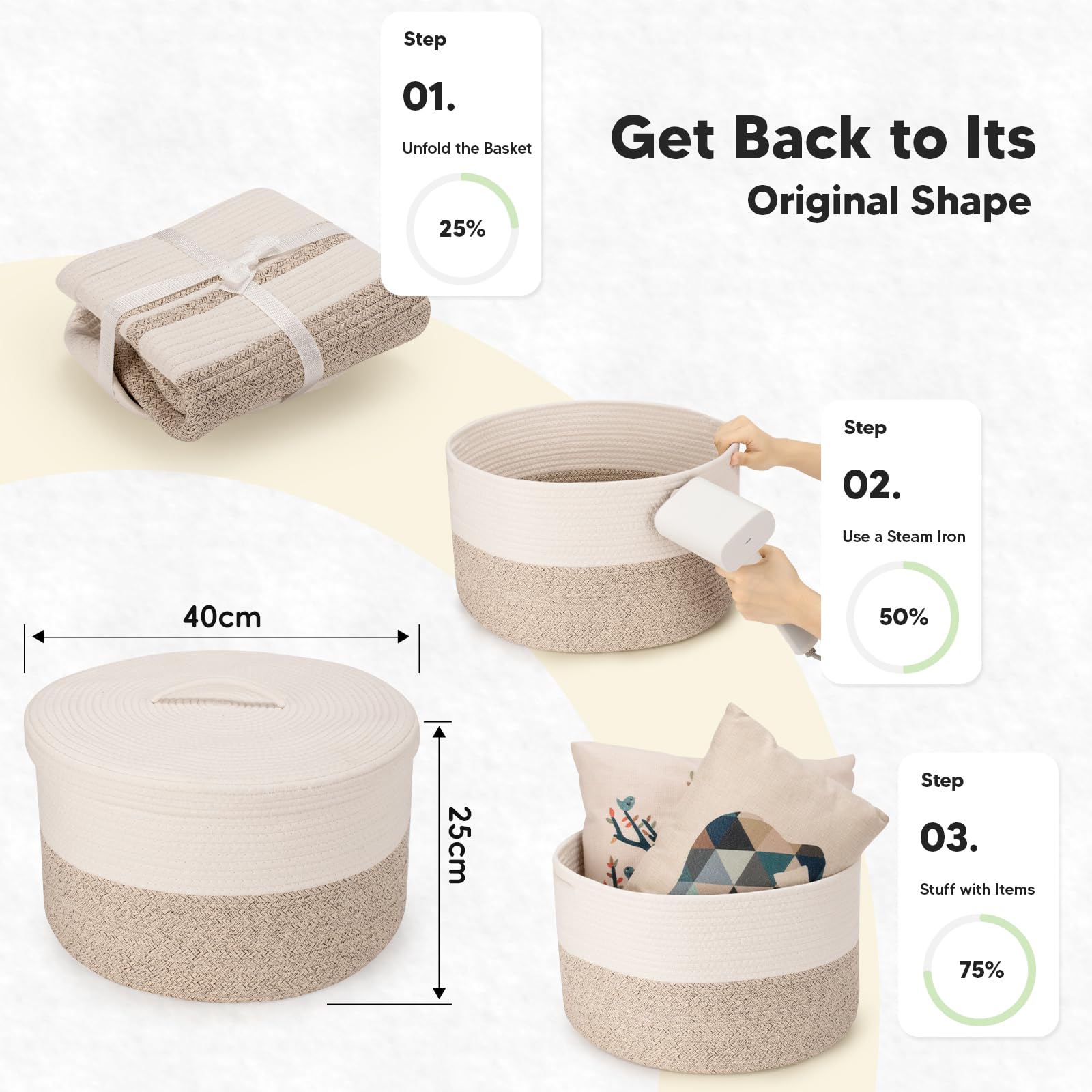 Rieeyrslza Corbeille à Linge en Coton Tissé D40 x H25 CM Panier de Rangement en Corde de Coton 32L Pliage Grande Capacité Corbeilles à Linge Avec Anse Convient à la Décoration Intérieure