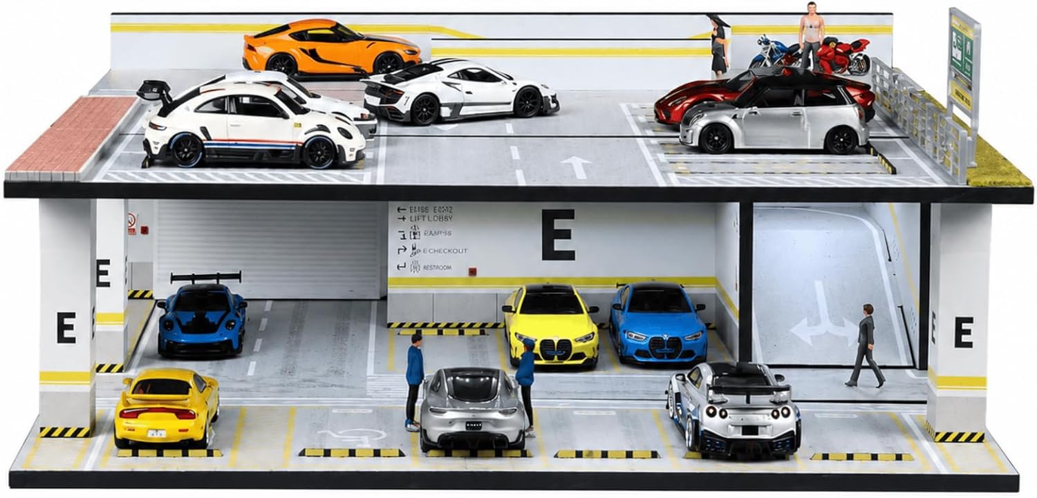 1/64 Diorama 2 Tier Garage Model, LED Lighting Parking Lot Scene Display Case, for 1:64 Diecast Model Cars Display, Mini Cars Cabinet, Building Scene Diorama (Garage 05)