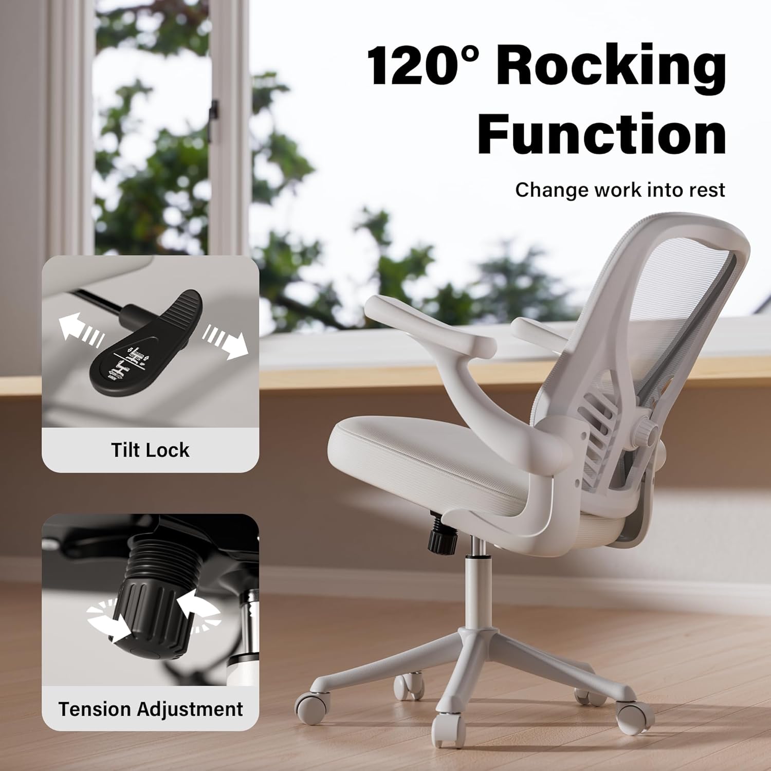GYI Ergonomic Office Chair, Mesh Desk Chair with Adjustable Lumbar Support and 3D Flip-up Arms, Computer Chair with Wheels, All White