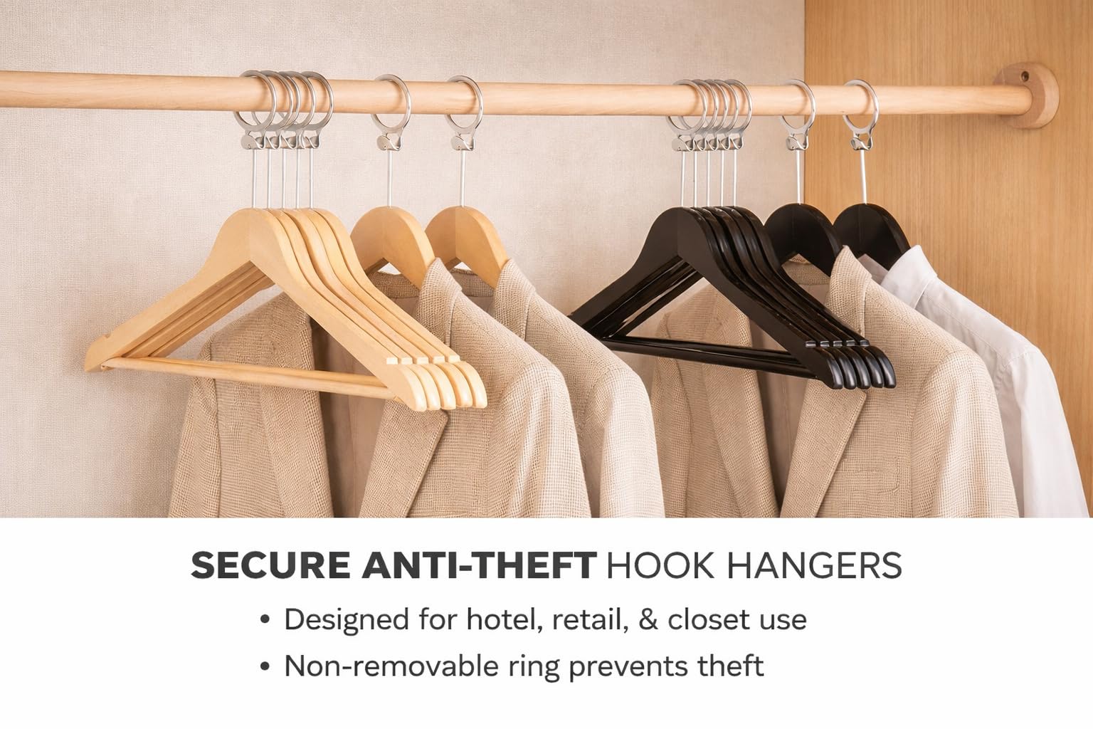 MELA'S Pack de 50 Perchas de Madera antirrobo con Anillo de Seguridad – Solo Desmontables por el Personal – para hoteles y Uso Profesional
