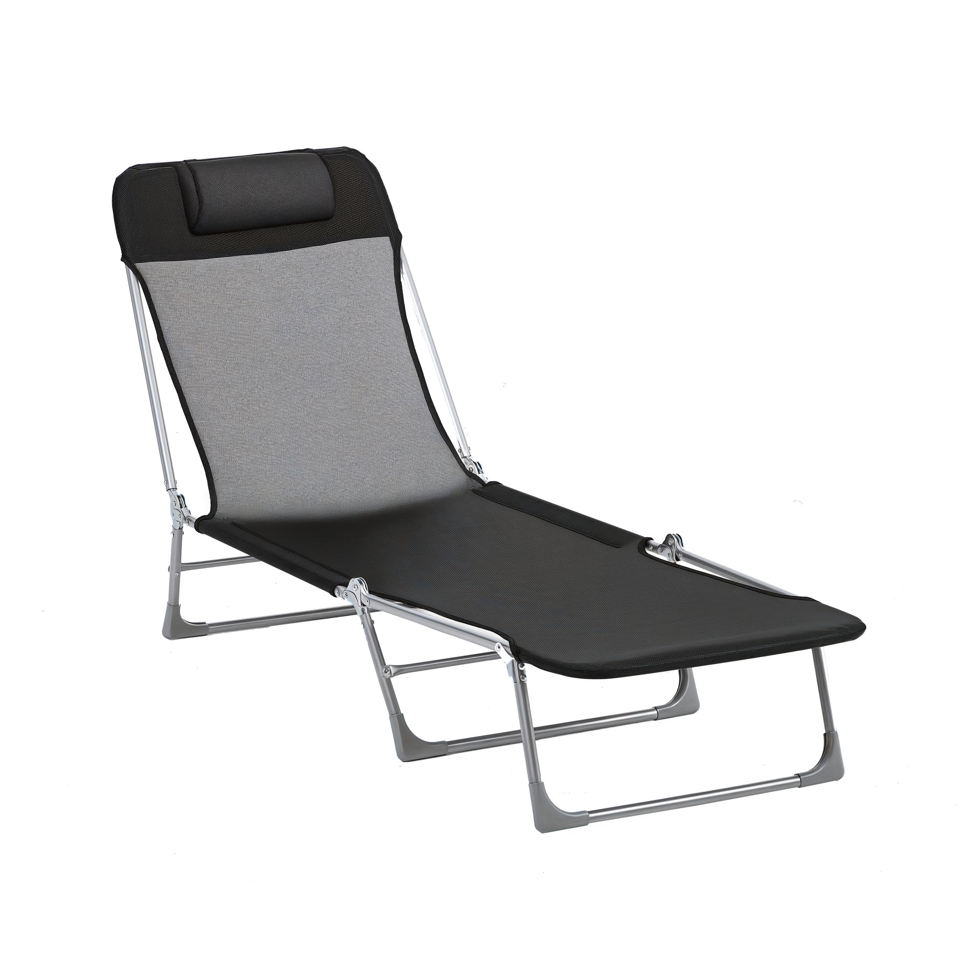 Outsunny Bain de Soleil Transat de Plage Pliable 182L x 56l x 28H cm Noir | Chaise Longue Extérieur, Oreiller, Dossier Réglable 5 Niveaux, pour Jardin