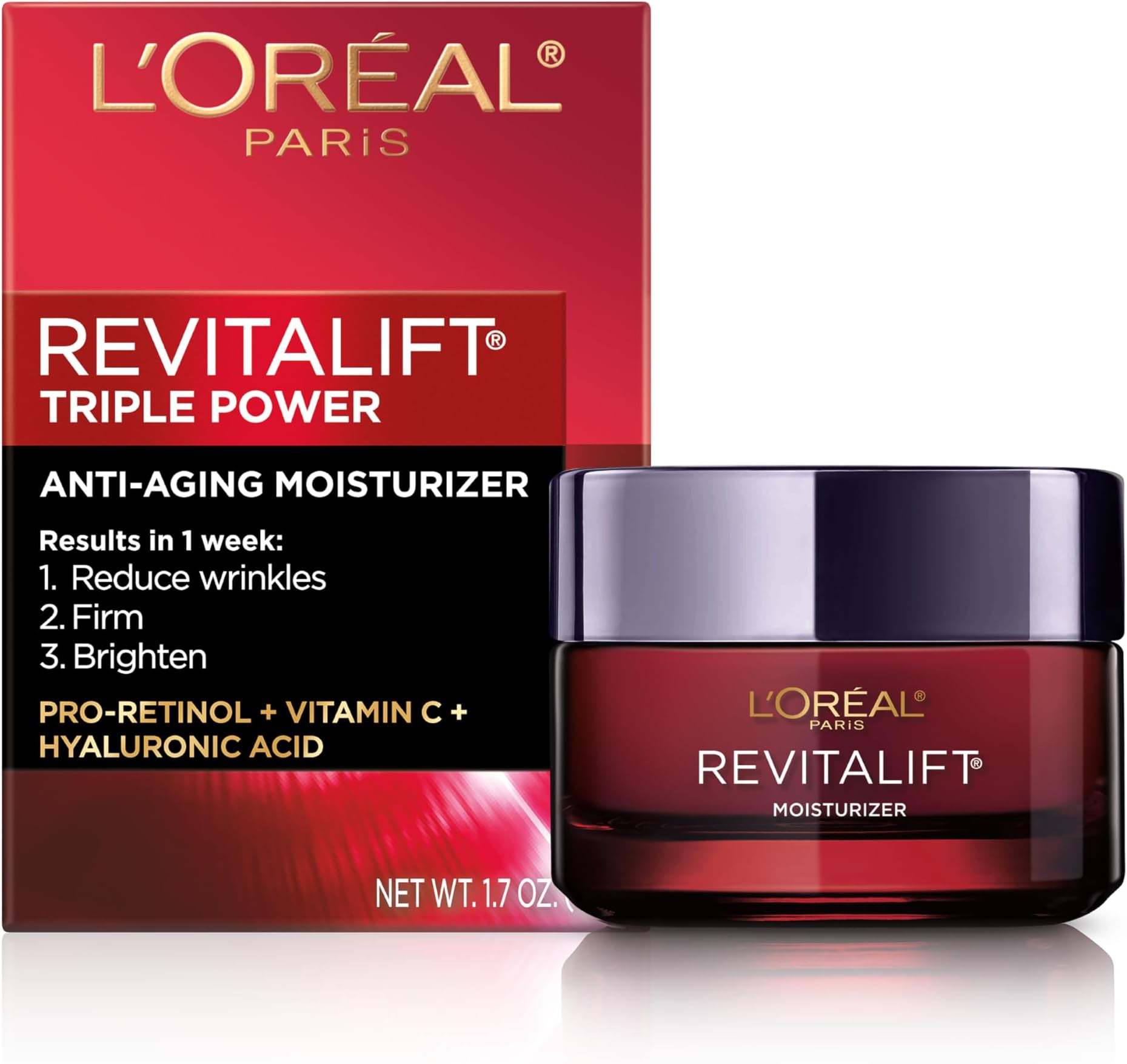 Revitalift Triple Power Anti-Aging Face Moisturizer, Pro Retinol, Hyaluronic Acid & Vitamin C to Reduce Wrinkles, Firm & Brighten Skin, 1.7 Oz