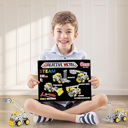 Miniatura 7 de BESTYMXY Juguetes de construcción de troncos, kit de modelos de vehículos de ingeniería de metal, 330 piezas de juegos de erectores para niños de 8