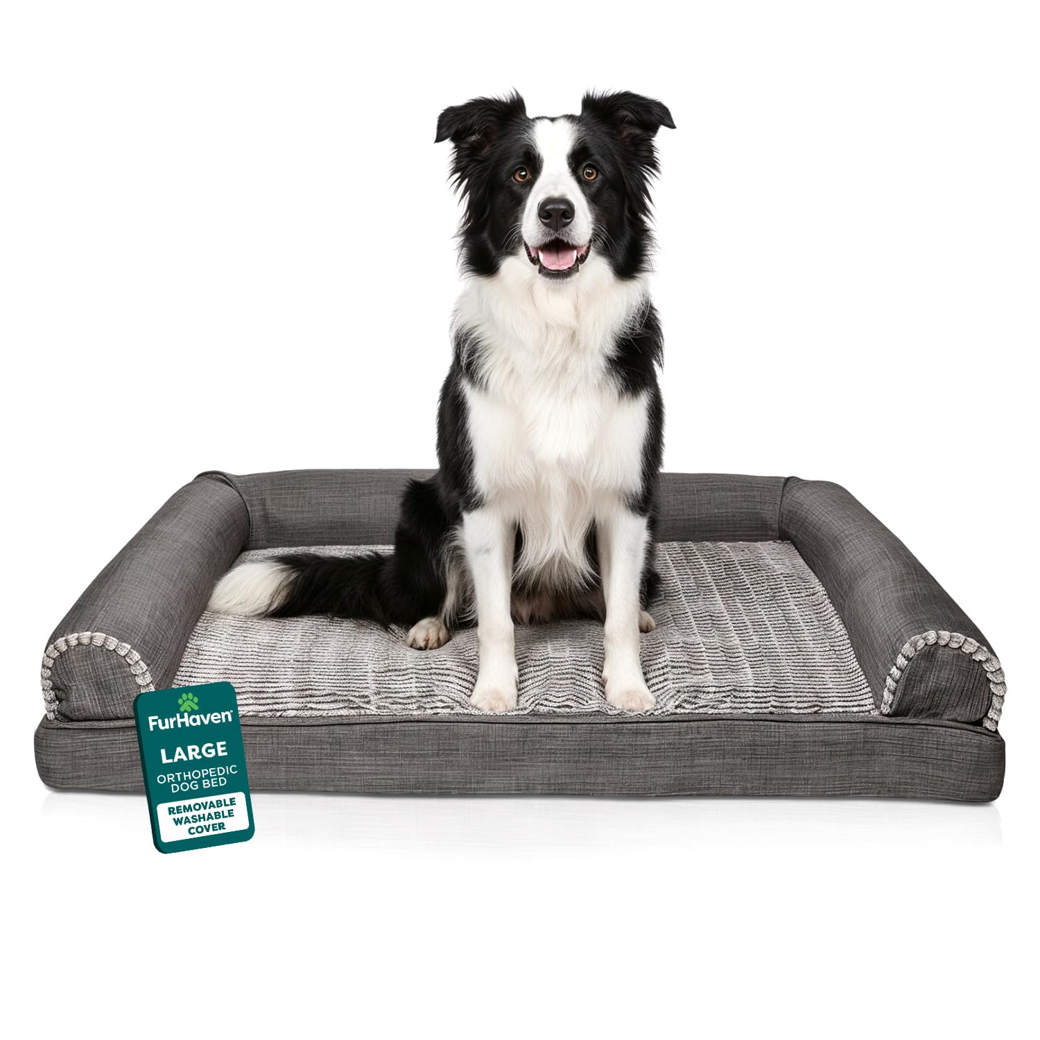 Furhaven Orthopedic Dog Bed for Large/Medium Dogs w/ Removable Bolsters & Washable Cover, For Dogs Up to 55 lbs - Luxe Faux Fur & Performance Linen