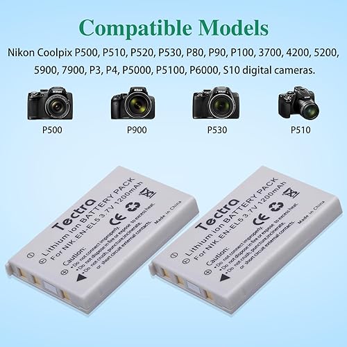 Miniatura 2 de Tectra Paquete de 2 baterías EN-EL5 y cargador USB para cámaras Nikon Coolpix P500, P510, P520, P530, P3, P4, P80, P90, P100, P5000, P5100, P6000,