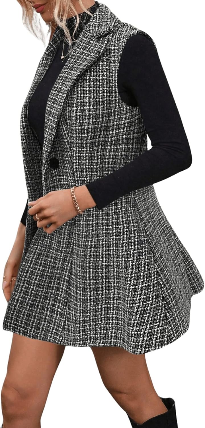 Floerns Women's 2 Piece Outfit Workwear Plaid Print Lapel Neck Vest Blazer and Skirt Set - Image 4