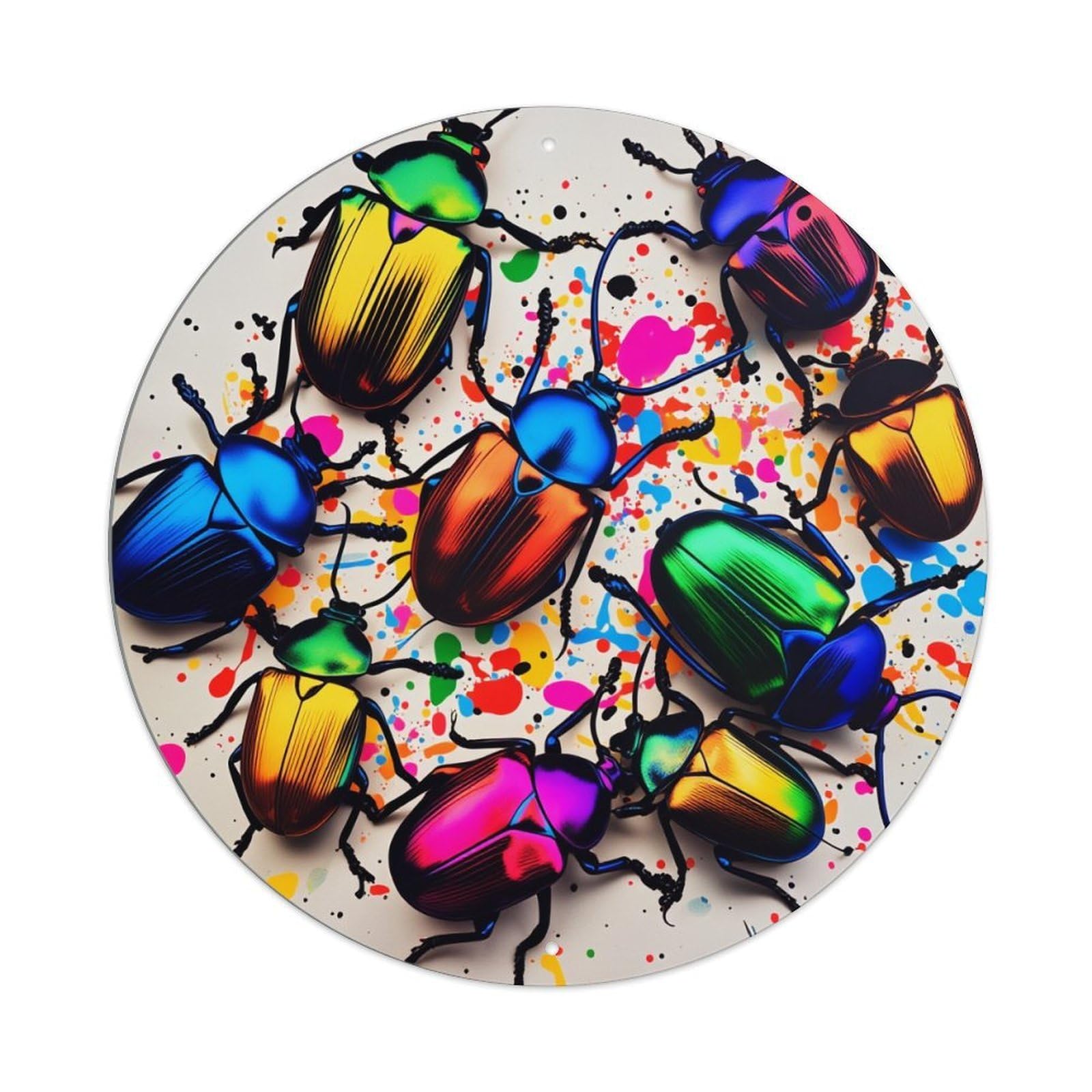 Colorful Beetles On Splatter Background Round Tin Sign Retro Metal Sign for Cafe Bar Pub Home Game Room Gym Club Wall Decoration Vintage Metal Poster 8x8 Inch