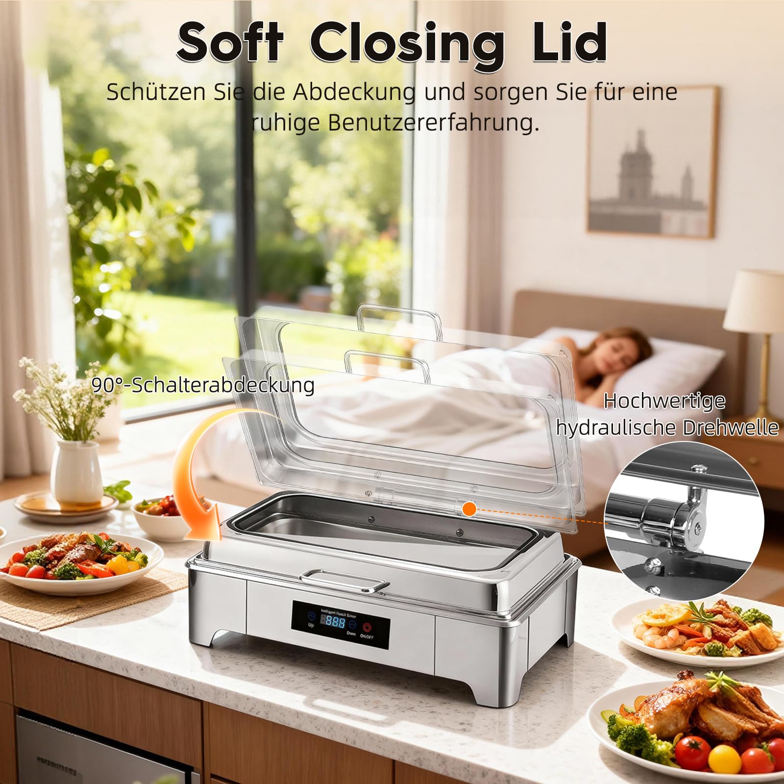 Chafing Dish, scaldabagno elettrico in acciaio inox da 9 l, temperatura regolabile, contenitore elettrico con coperchio in vetro visibile per buffet e banchetti, 1/3 Pan