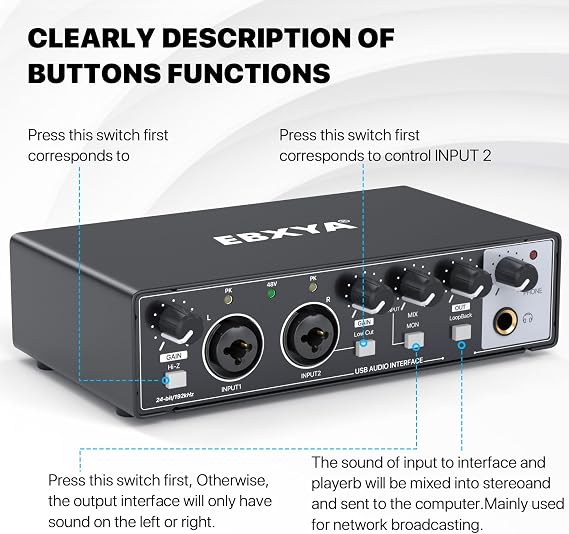EBXYA 2x2 Audio Interface for Recording Music, 24-bit/192kHz Plug and Play USB Interface for PC and Mac, Studio, Guitar, Podcast, Streaming(Metallic Black)