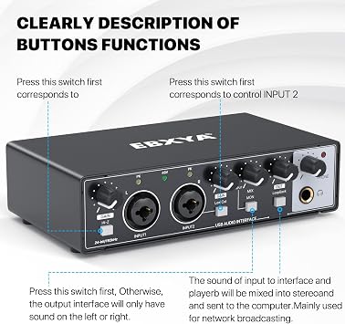 EBXYA 2x2 Audio Interface for Recording Music, 24-bit/192kHz Plug and Play USB Interface for PC and Mac, Studio, Guitar, Podcast, Streaming(Metallic Black)
