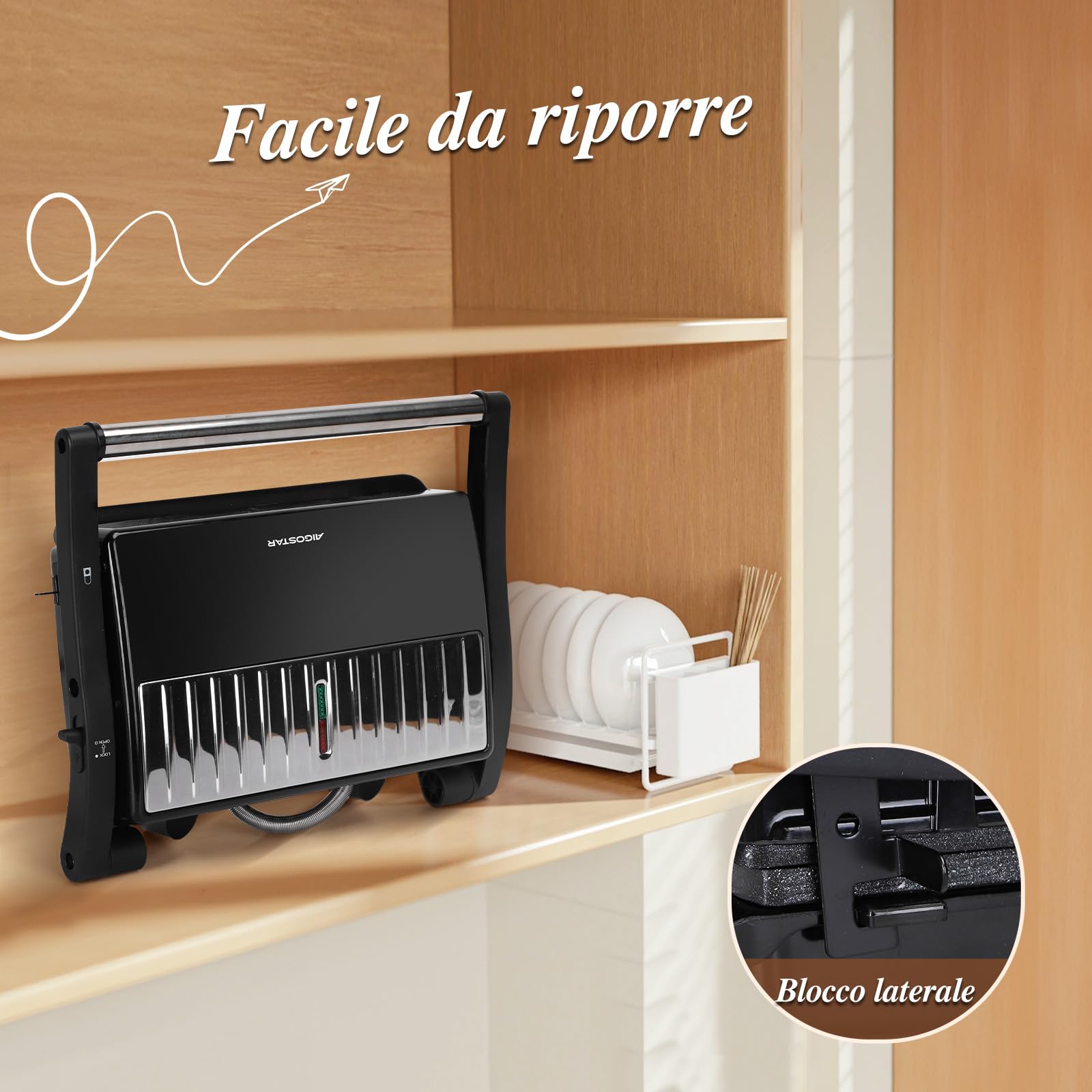 Aigostar York Pro - Tostapane Piastra 1000W, Bistecchiera Elettrica per Carne e Verdure, Apertura a 180°, Ceramica Antiaderente, Senza PFOA, 23x14,5 cm, Nero
