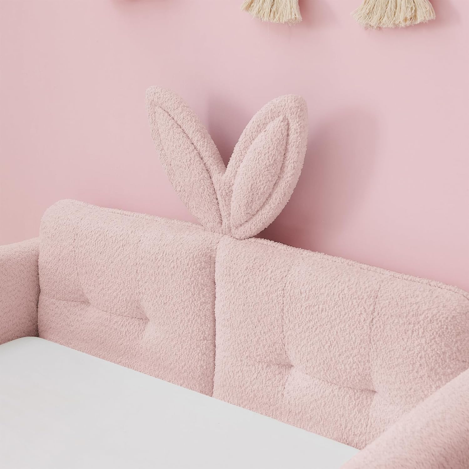 Twin Daybed Frame for Kids, Upholstered Comfy Day Bed Frame with Cartoon Rabbit Bunny Ear Headboard, Boucle Tufted Sofa Bed with Side Pocket for Bedroom Kids’ Room Playroom, No Box Spring Needed, Pink