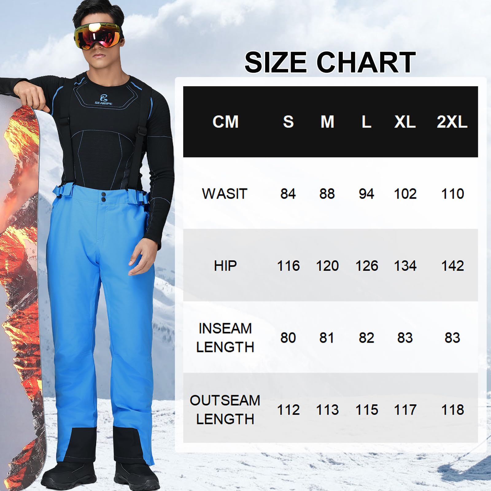 HOUZONIY Herren Skihose Gefüttert mit Hosenträger Wasserdicht Winddicht Ski Hosen Schneehose Snowboardhose