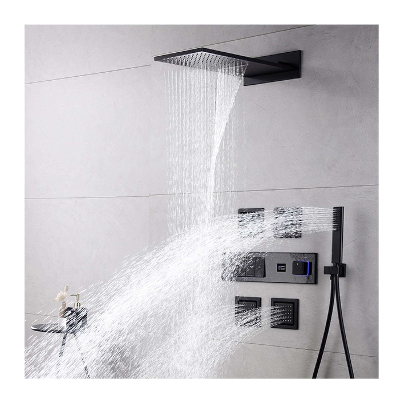 Sistema de Ducha, de ducha baño negro gama alta, diseño llave pared con pantalla digital intelinte, fría y caliente cuatro funciones(Brushed Grey)