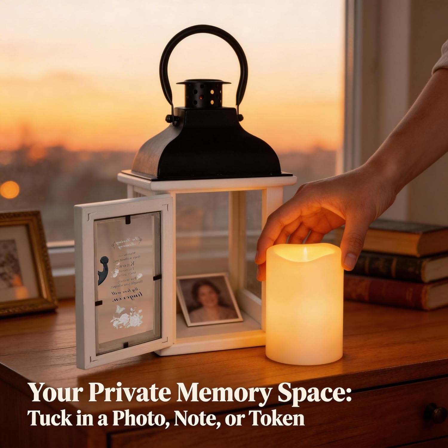 Memorial Lantern Sympathy Gift for Loss of Loved One - Bereavement Remembrance Keepsake Funeral Gift, Solar Powered Lantern with Rose Floral Design Poem, Automatic LED Candle Lantern for Family Loss