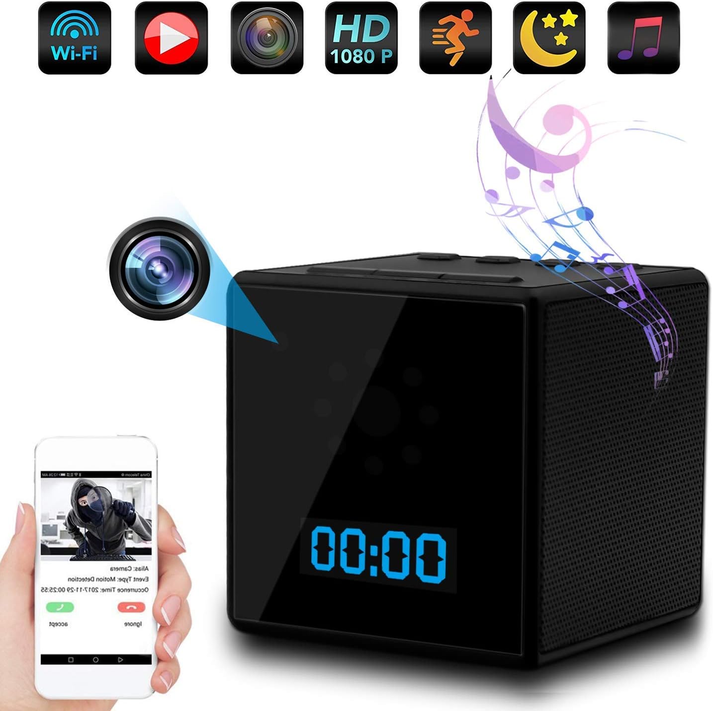 Wireless Hidden Camera 1080P WiFi HD Spy Cam Bluetooth Speaker camera alarm clock camera night vision motion detection remote view Nanny cam