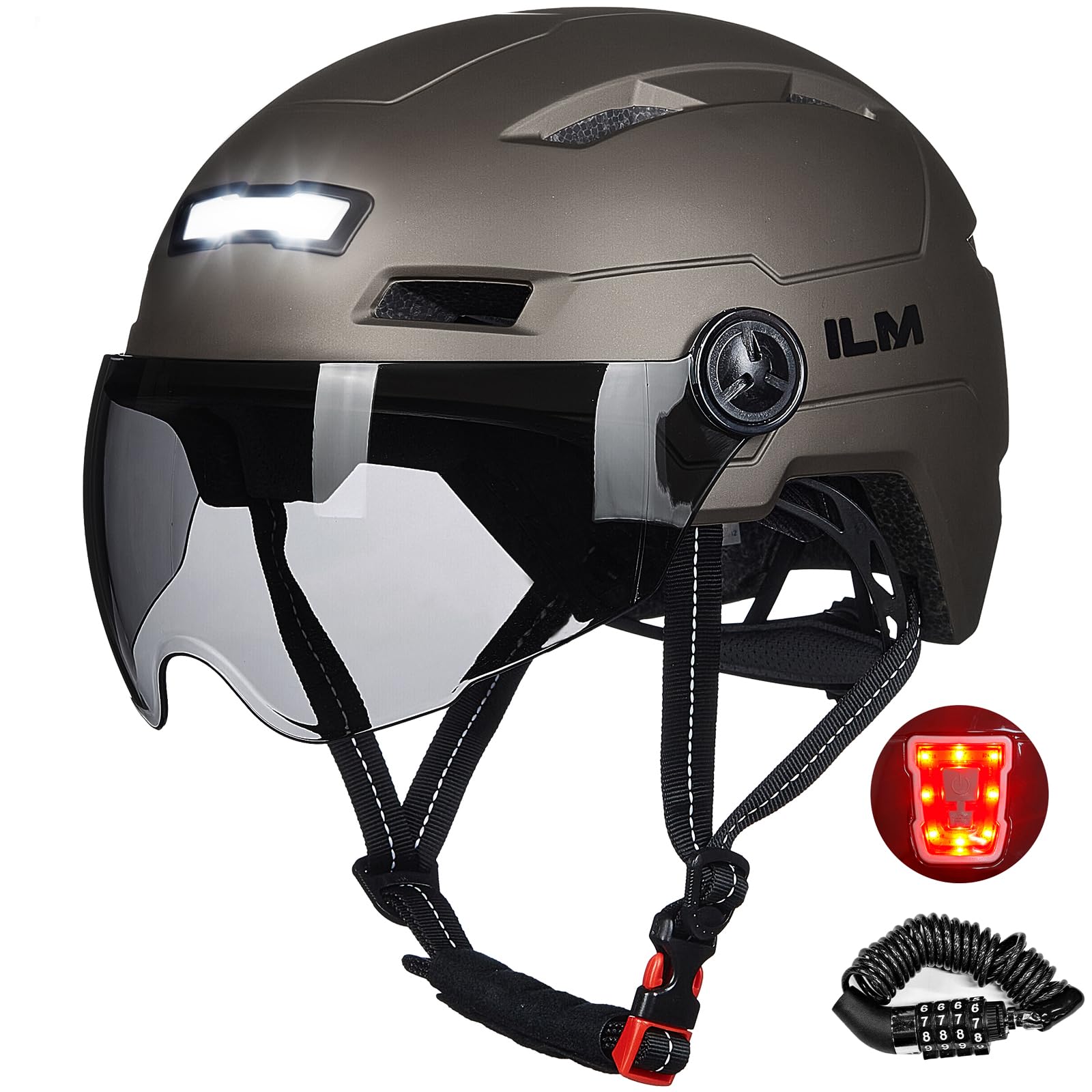 ILM Bike Helmet Men Women with Lock USB Front and Back Light Unisex Adult for Cycling Bicycle Scooter E3-10L,Titanium,S/M