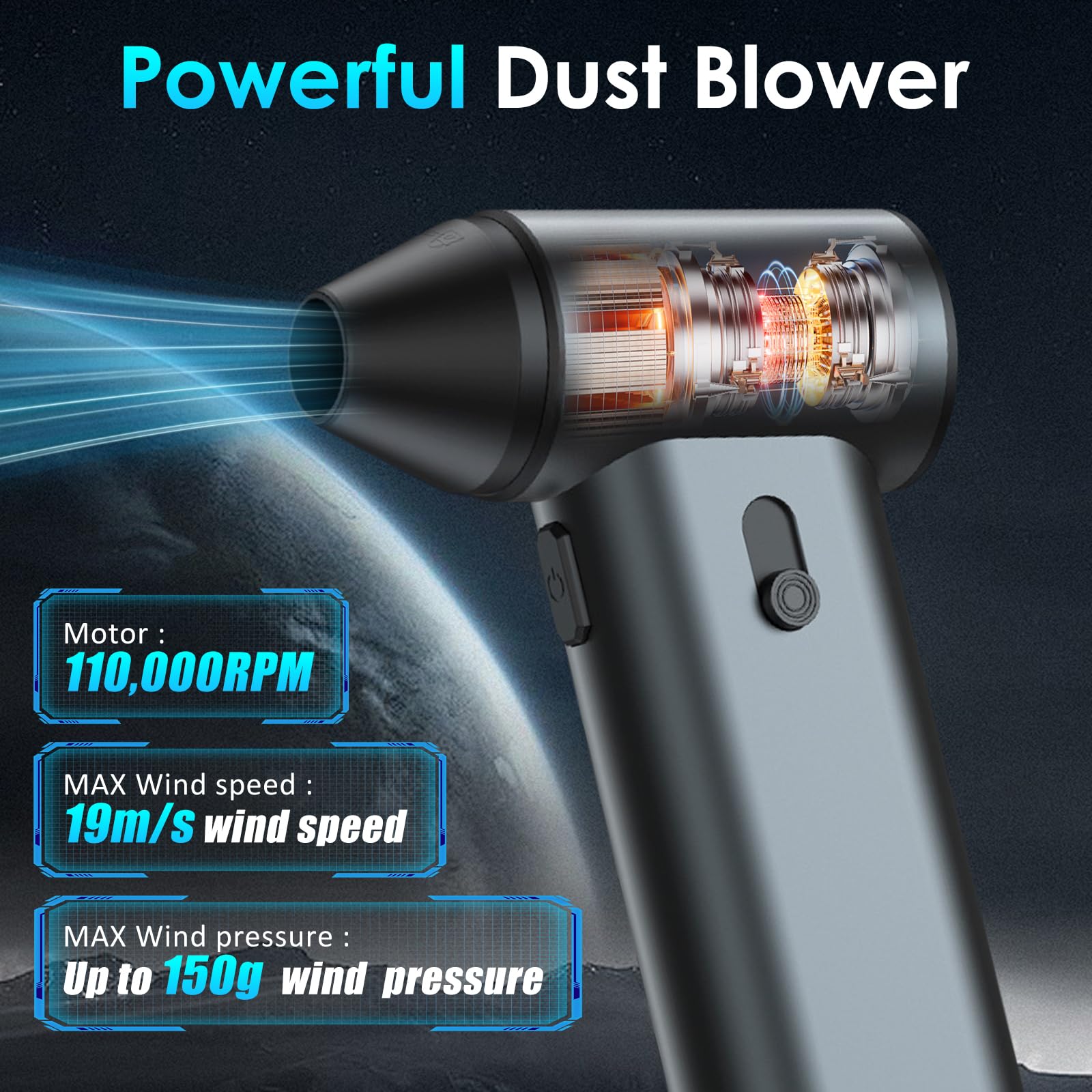 Journeyside Aria Compressa Elettrico Rimuovi Polvere, 110.000 RPM Soffiatore d'Aria Elettrico Portatile con 4 Ugelli, Soffiatore Aria Compressa Potente, Senza Gradini per Tastiera, Auto, Divano