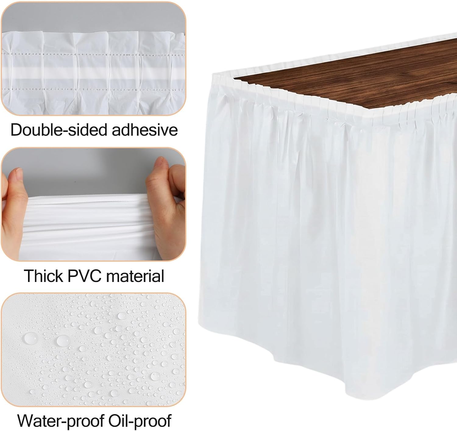 8pcs White Table Skirt Plastic Table Skirt for Rectangle Tables 14 Feet x 29 Inch White Disposable Tables Cover Easy Adhesive Installation & Outdoor Use Plastic Skirting for Birthday Party