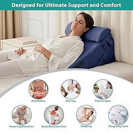 Bedluxe 3Pcs Orthopedic Bed Wedge Pillow Set, Foam Wedge Pillow Post Surgery for Back, Leg and Knee Support, Adjustable 9&12 Inch Folding Triangle Pillow for Sleeping, Acid Reflux, Snoring, Navy