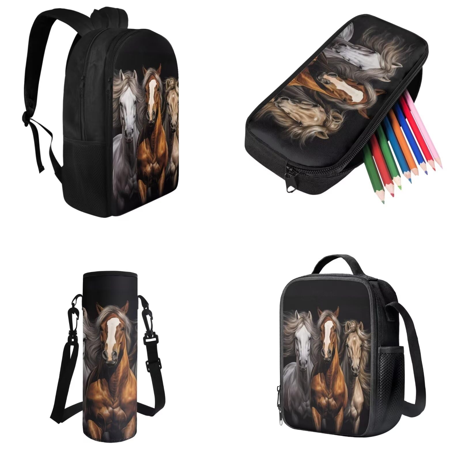 COEQINE Juego de 4 mochilas con temática de caballos para niños, adolescentes, niñas, lonchera, estuche para lápices, botella de agua grande, Caballos negros
