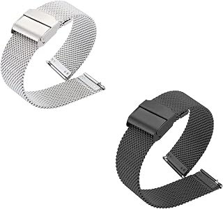 milanese Mesh Watch Band 10-22MM Quick Release Replacement Watch Bands Double Buckle Stainless Steel Adjustable for Smart Watch Bracelet 2pcs (Color : Silver+Black, Size : 12MM)