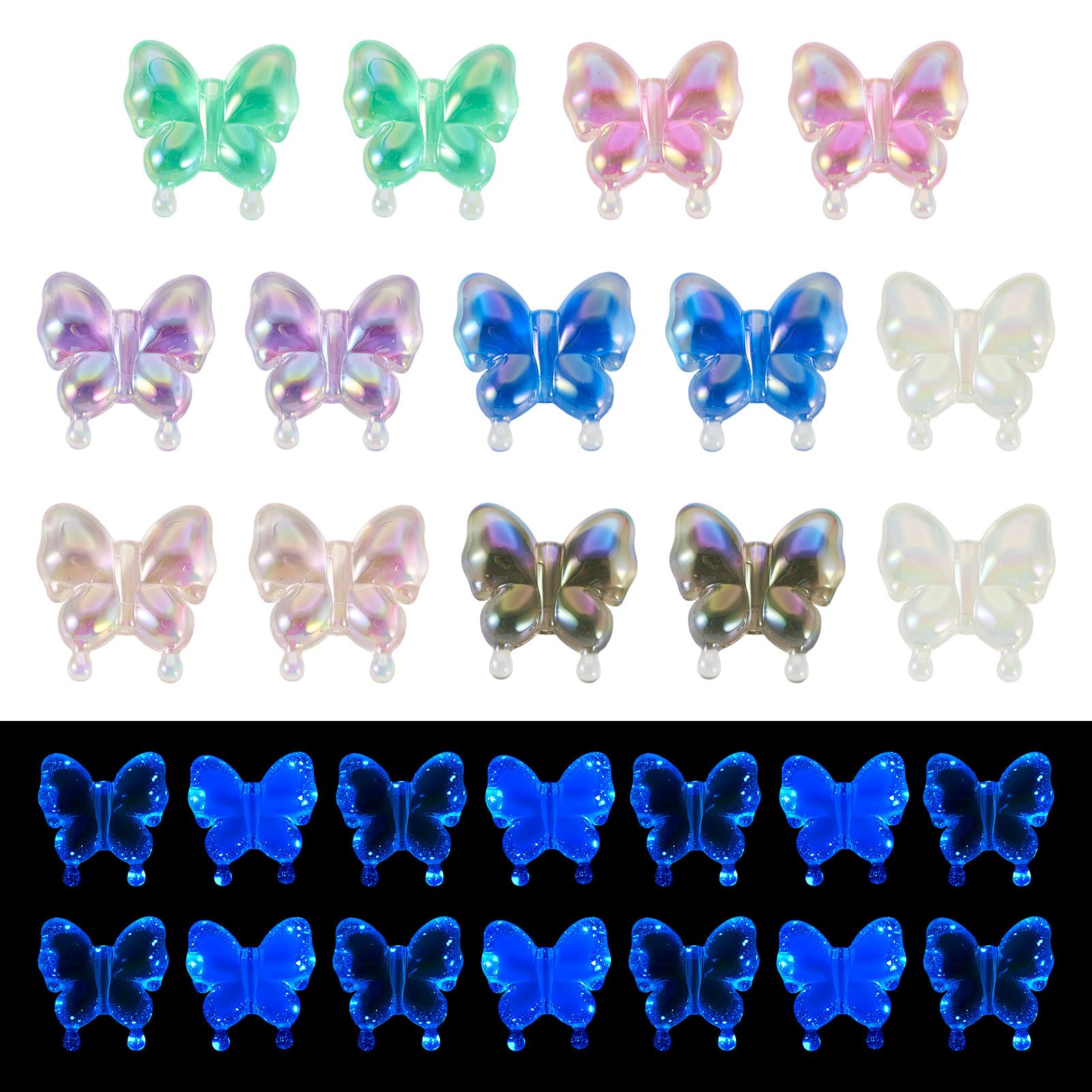 Spritewelry 14Pcs Luminous Butterfly Acrylic Beads Rainbow Glow in The Dark Butterfly Beads Bulk Loose Spacer for Jewelry Making