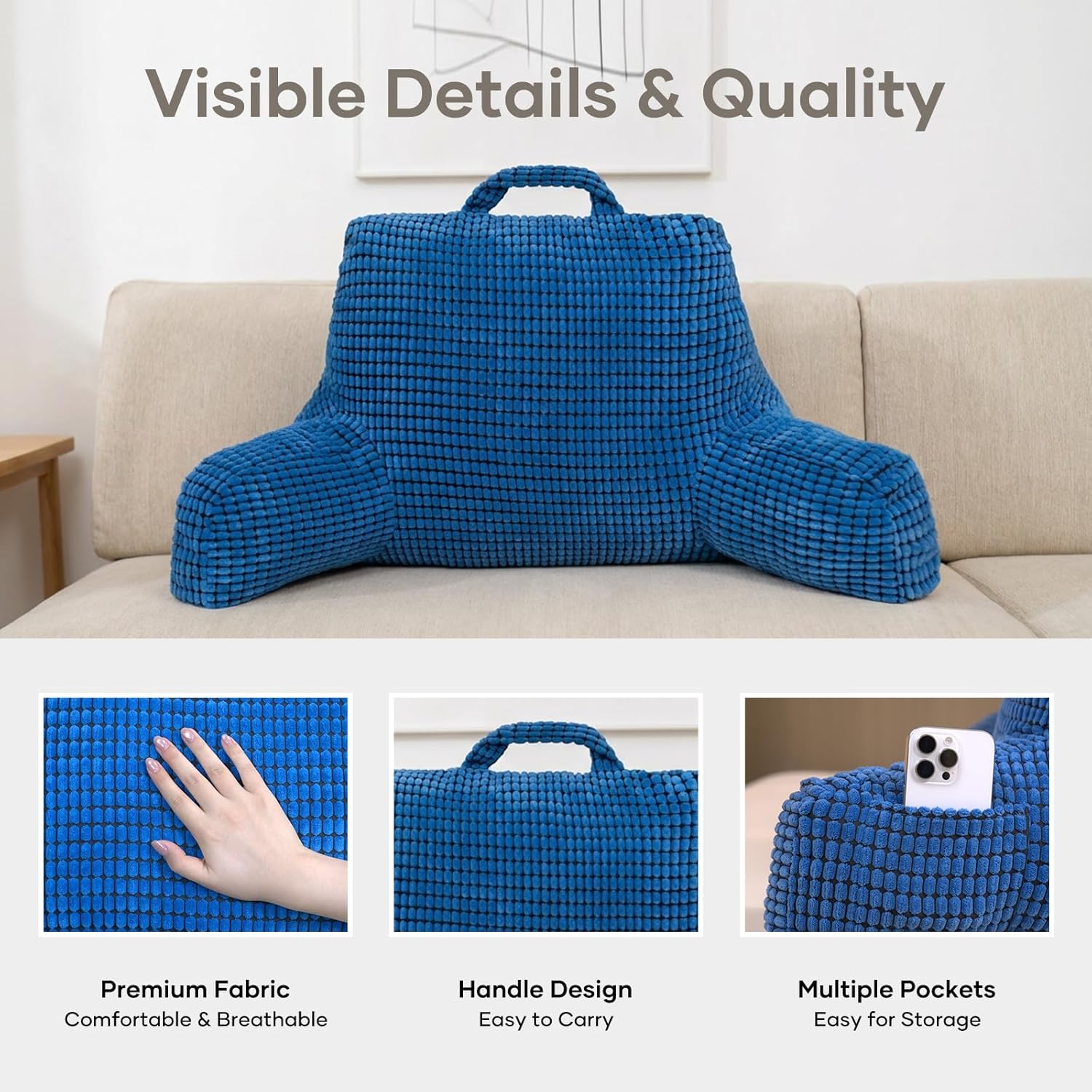 NOONTIDE Reading Pillow with Top Handle,Uniquely Designed Soft Fabric, Ergonomic Back Support for Bed,Cover Washable Sit up Pillow,Watching TV/Gaming/Relaxing(Blue)