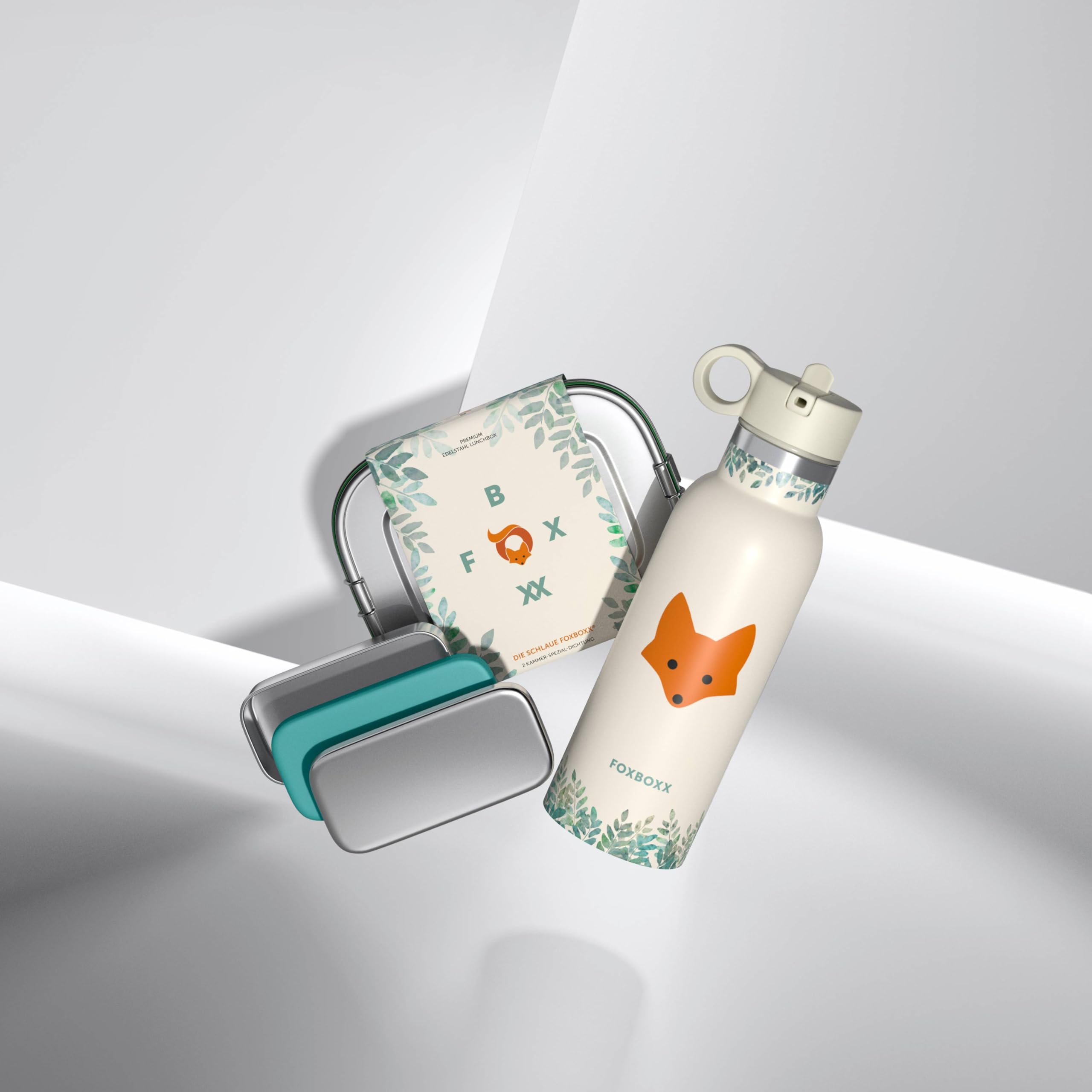 FOXBOXX Edelstahl Brotdose/Mini 800ml Special/MINI Dose 150ml 2 Deckel / 5 DEKO-Farbringe + Ersatzdichtung + 2 Trennwände = 3 Fächer/Kinder