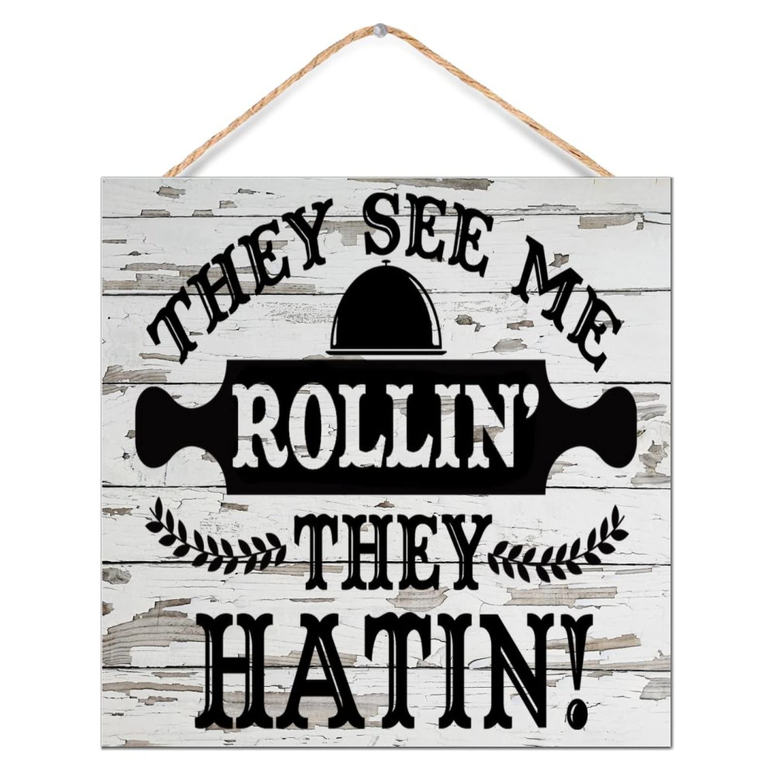 They See Me Rollin' They Hatin Wood Sign Plaque Rustic Decor Rustic Funny Kitchen Quote Signs Custom Wood Pallet Wall Plaque Sign for Shelf Living Room Pantry 12x12in
