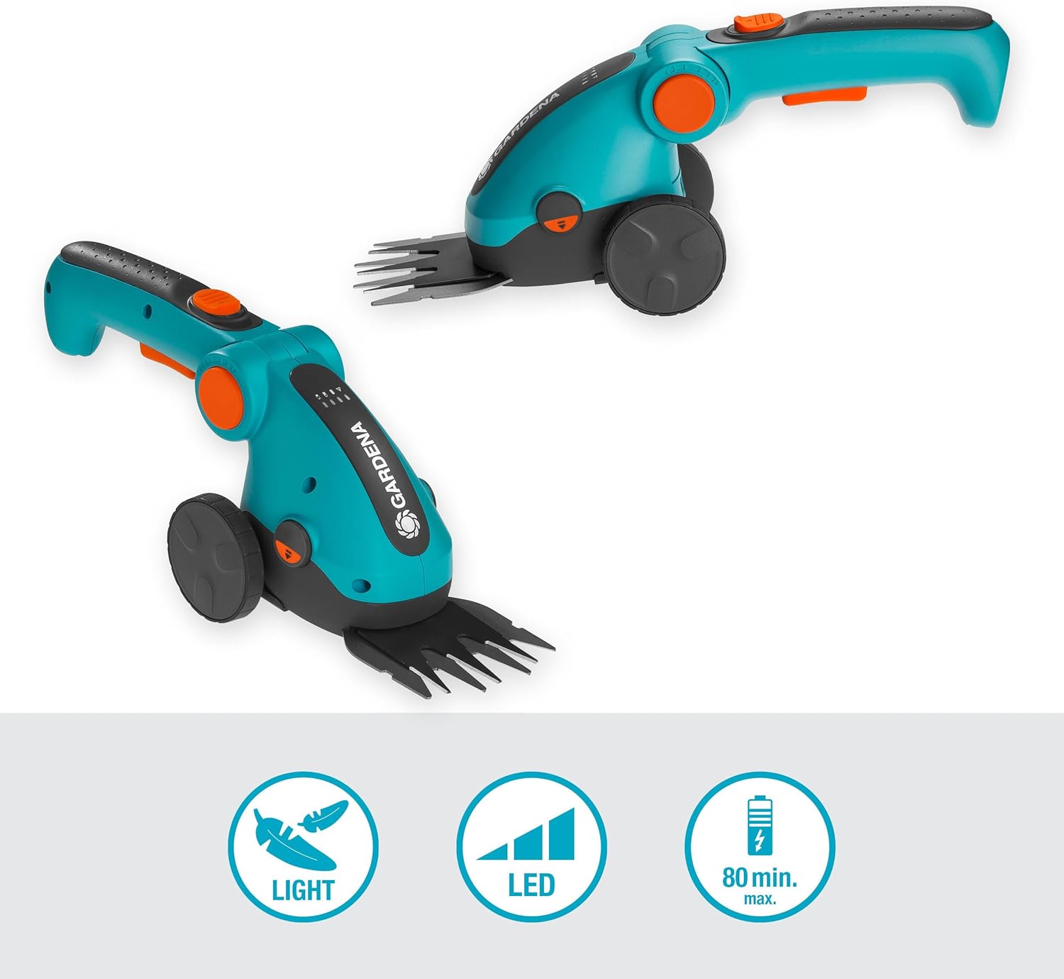 Gardena Set Forbici a Batteria per Erba ComfortCut Li: Forbici per Prato e Manico telescopico con Ruote, Impugnatura Comoda inclinabile con indicatore a LED, Cambio Lama Senza Utensili (9889-20)