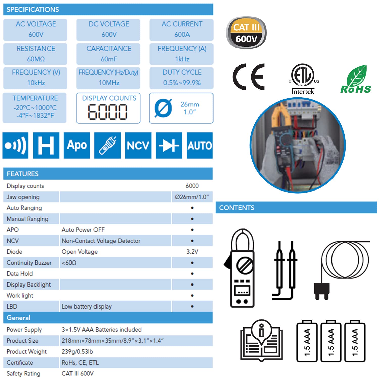 C-LOGIC 810 Pinza Amperimétrica Digital Profesional 6000 Cuentas NCV y Luz de Trabajo Tensión AC/DC 600V Corriente AC 600A Resistencia Capacitancia Frecuencia Temperatura Apertura 26mm. CAT III